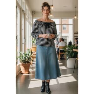 J.Crew Black White Striped Off Shoulder Tie Long Sleeve Cotton Top Size L Preppy